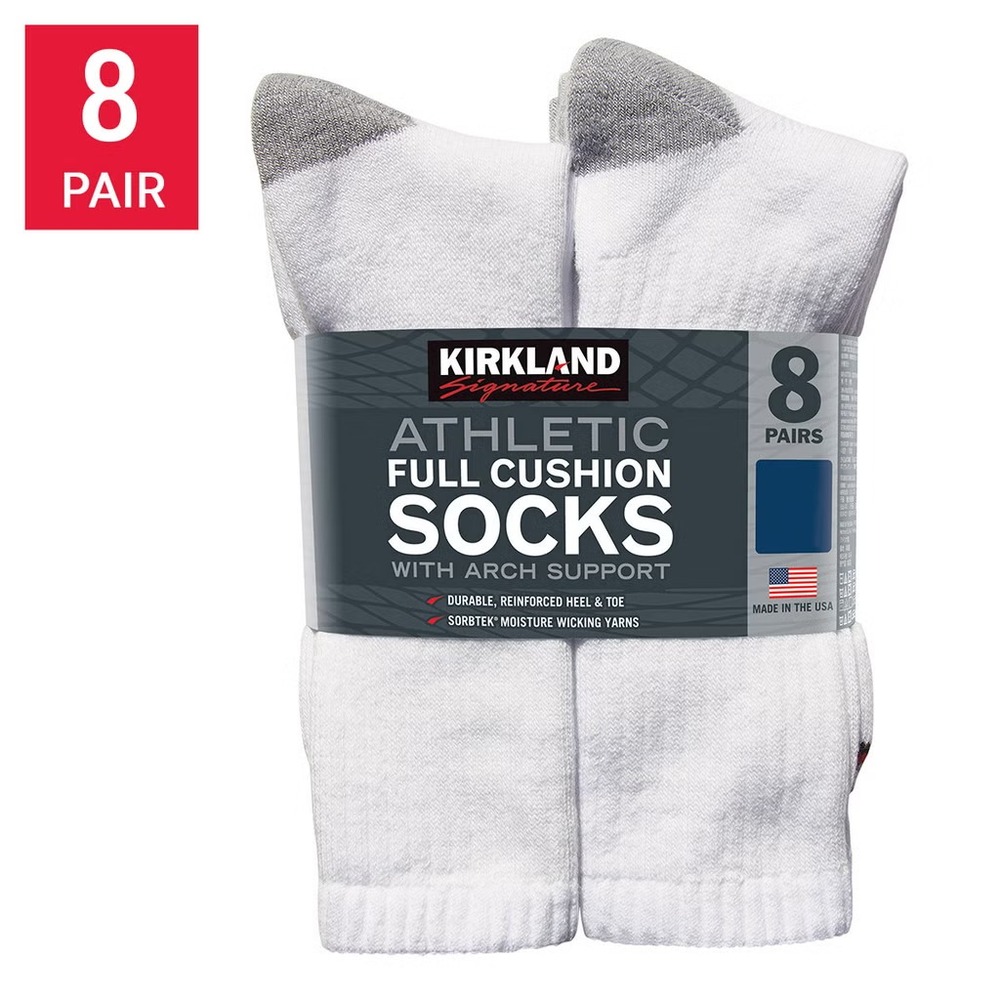 Kirkland Signature Mens Athletic Full Cushion Socks 8 Pair White Size 13-15 NEW